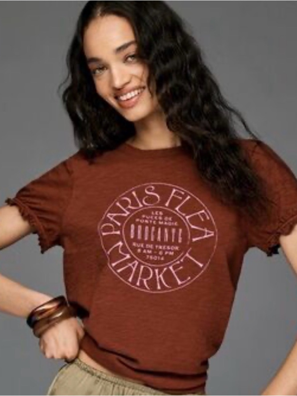 Anthropologie Bennie Puffed Sleeve Paris Flea Market Graphic Tee - Brown size S